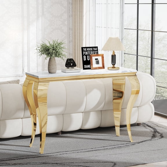 47" Modern Faux Marble Console Table, Rectangular Top & S-Shaped Stainless Steel Base, Narrow Entryway Table for Entrance, Hallway, Foyer, or Living Room