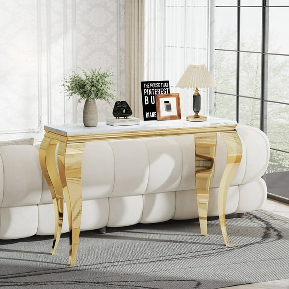 47" Modern Faux Marble Console Table, Rectangular Top & S-Shaped Stainless Steel Base, Narrow Entryway Table for Entrance, Hallway, Foyer, or Living Room