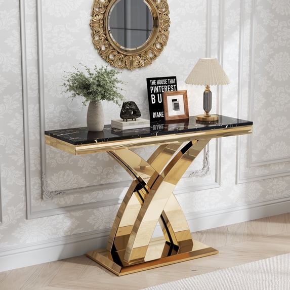 47" Modern Faux Marble Console Table, Rectangular Top & X-Shaped Stainless Steel Base, Narrow Entryway Table for Entrance, Hallway, Foyer, or Living Room