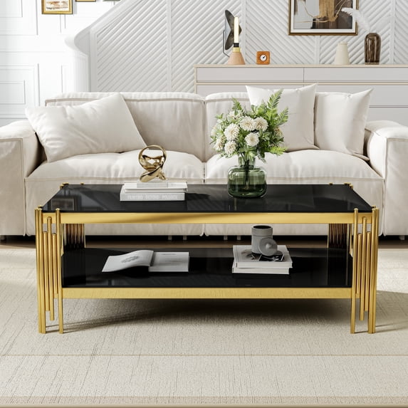 47" Modern Glass Coffee Table, Rectangle 2-Tier Center Table with Stainless Steel Frame & 8mm Black Tempered Glass for Living Room, Office