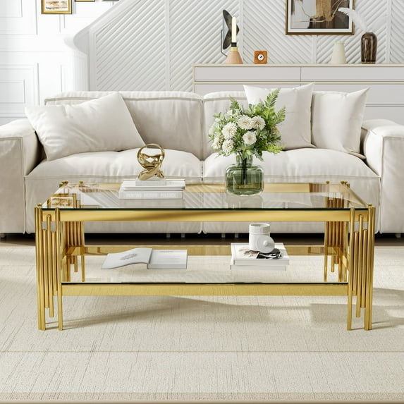 47" Modern Glass Coffee Table, Rectangle 2-Tier Center Table with Stainless Steel Frame & 8mm Clear Tempered Glass for Living Room, Office