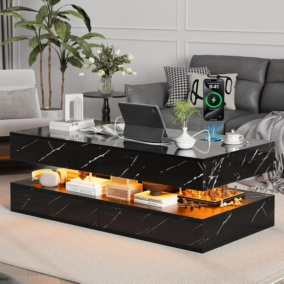 47" Modern LED Coffee Table with 2 Drawers, High Glossy Double-Layer Center Table with Wireless Charging and Built-in Bluetooth Speaker Smart Table for Living Room with Marbling