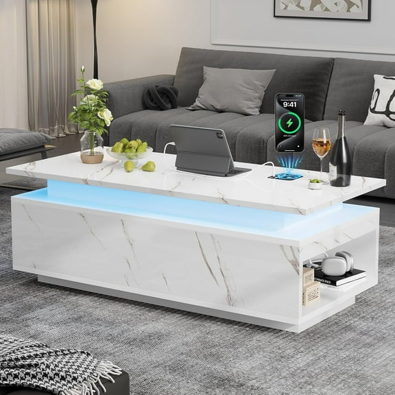 47" Modern LED Coffee Table with Wireless Charging, Bluetooth Speaker, and USB Ports, High Glossy Marble Coffee Table with Large Open 2-Tier Storage and Shelves for Living Room - White