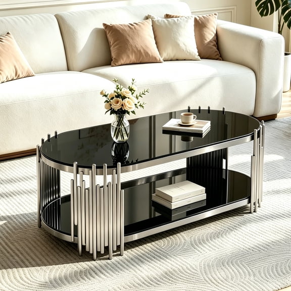 47" Modern Oval Coffee Table, Tempered Glass Top, Polished Stainless Steel Frame & Fluted Metal Accent, 2-Tier Cocktail Table for Living Room