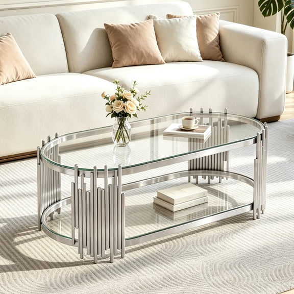 47" Modern Oval Coffee Table, Tempered Glass Top, Polished Stainless Steel Frame & Fluted Metal Accent, 2-Tier Cocktail Table for Living Room
