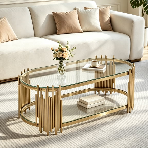 47" Modern Oval Coffee Table, Tempered Glass Top, Polished Stainless Steel Frame & Fluted Metal Accent, 2-Tier Cocktail Table for Living Room