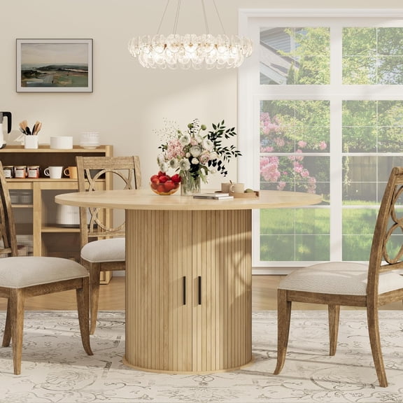 47''Modern Round Dining Table for 4-6, 2-Layer Storage Shelf, Sliding Wood Door - Space-Saving, Black Finish for Kitchen & Dining Room-Natural Oak