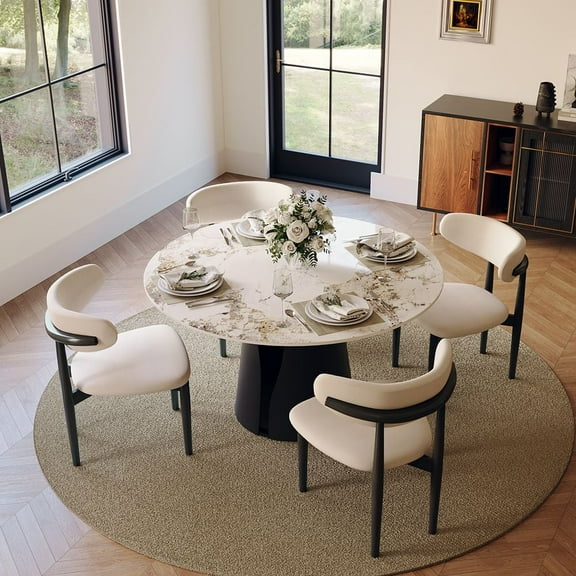 POVISON-47" Modern Round Dining Table for 4, Glossy Pandora Sintered Stone Round Dining Table, Solid Black Carbon Steel Base