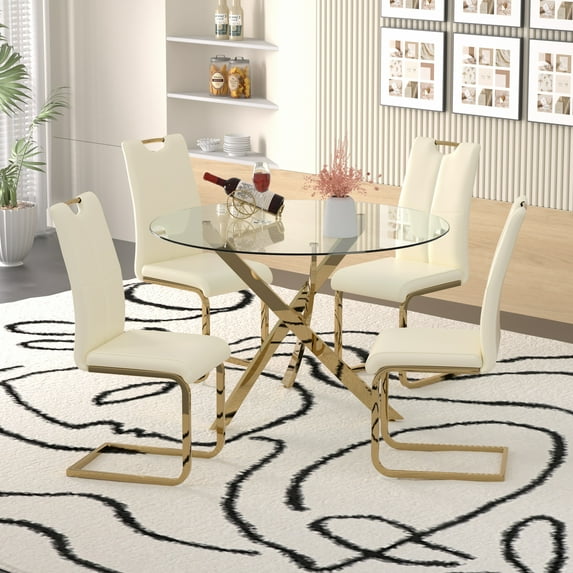 47" Modern Round Glass Dining Table Set with 4 PU Leather Chairs,Golden Leg Glass Table with 4 Beige C-shaped Chairs with Golden Leg