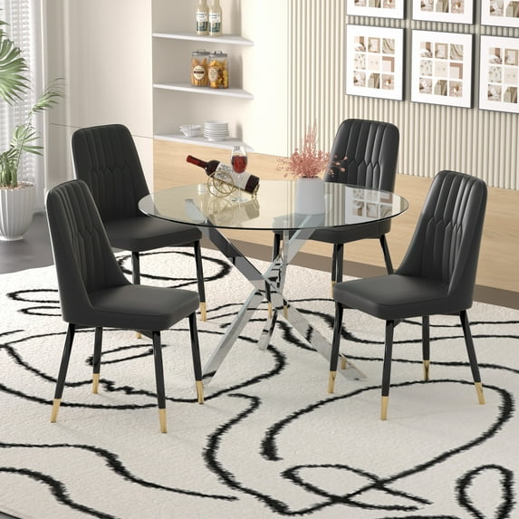 47" Modern Round Glass Dining Table Set with 4 PU Leather Chairs,Silver Base Glass Table with 4 Black Chairs with Black Leg