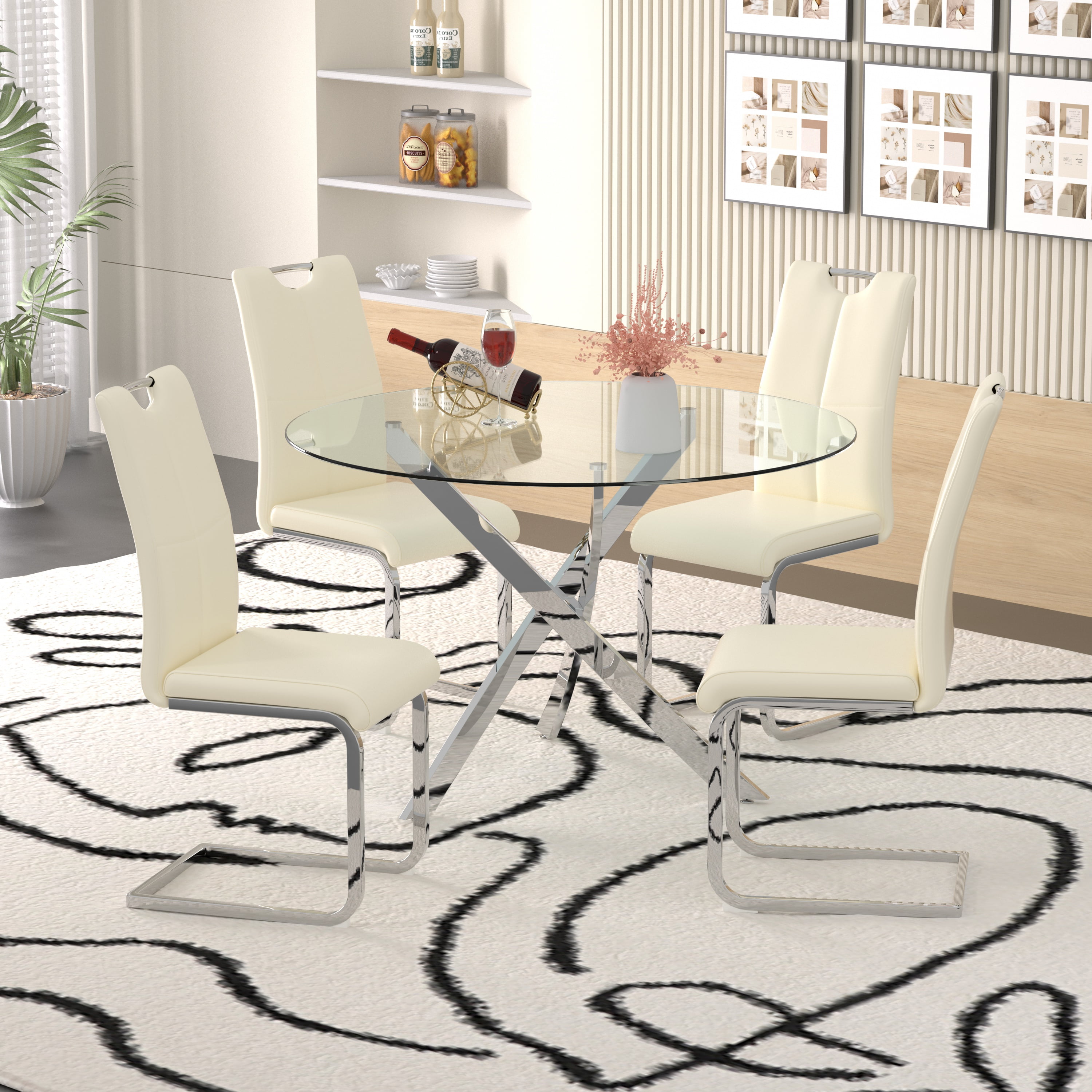 47" Modern Round Glass Dining Table Set with 4 PU Leather Chairs,Silver Leg Glass Table with 4 Beige C-shaped Chairs with Silver Leg