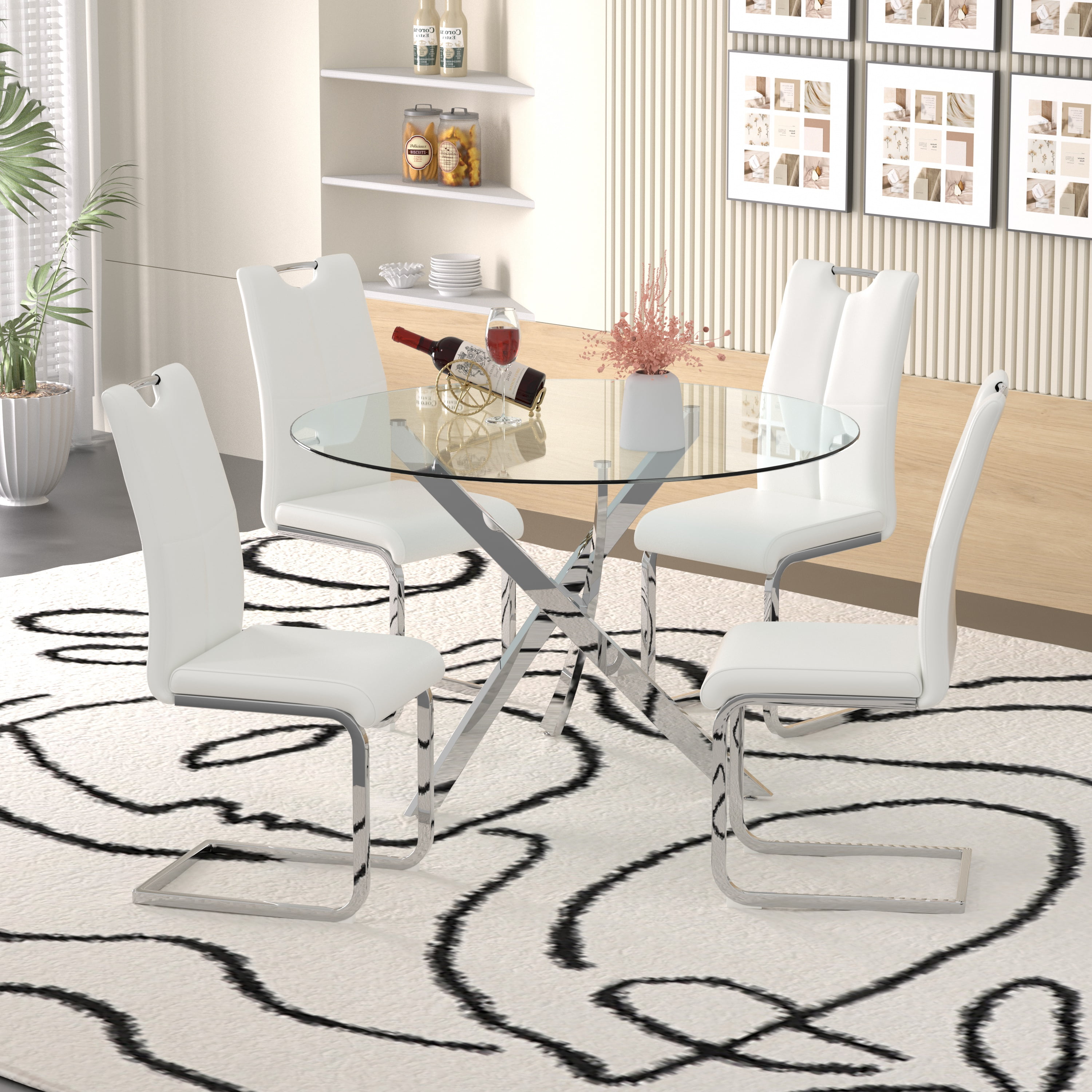 47" Modern Round Glass Dining Table Set with 4 PU Leather Chairs,Silver ...