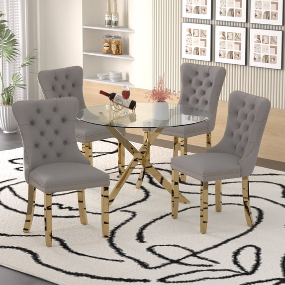47" Modern Round Glass Dining Table Set with 4 Velvet Upholstered Chairs,Golden Leg Glass Table with 4 Gray Chairs with Golden Leg