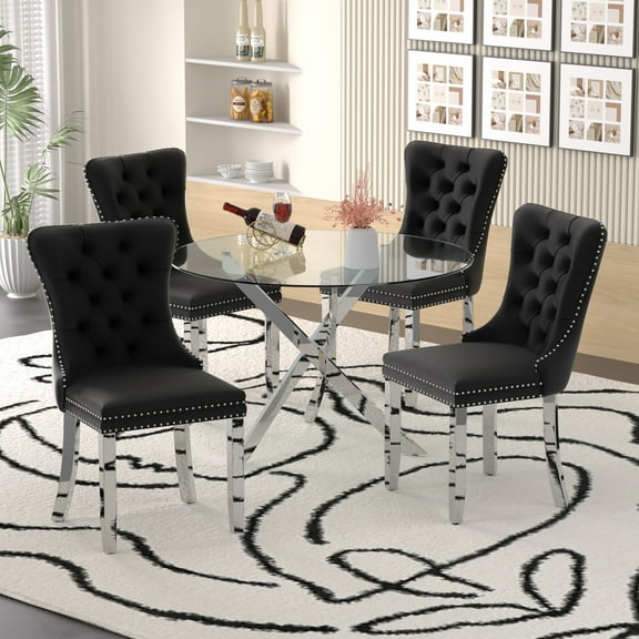 47" Modern Round Glass Dining Table Set with 4 Velvet Upholstered Chairs,Silver Leg Glass Table with 4 Black Chairs with Silver Leg