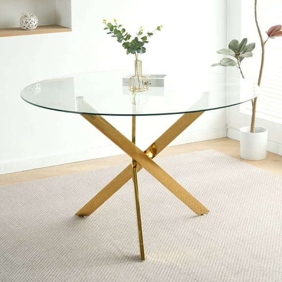47" Modern Round Glass Dining Table with Golden Base
