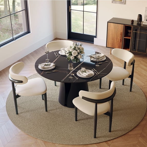 POVISON-47"Modern Round Kitchen Dining Table For 4, Glossy Black Sintered Stone Round Dining Table, Solid Black Carbon Steel Base