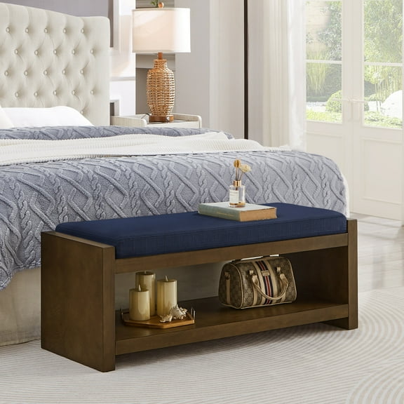 47" Modern Storage Bench with Shoe Rack & Removable Cushion - Living Room Bedroom Entryway Seating with Lower Shelf - Navy Blue Padded Design