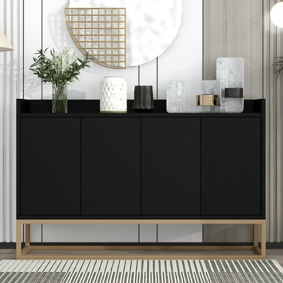47" Modern Storage Cabinet, Console Table Sideboard Buffet Cabinet with 4 Doors & Gold Metal Base, Entryway Cupboard Furniture, Laundry Room Cabinet for Living Room, Dining Room, Kitchen, Black