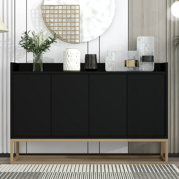 47" Modern Storage Cabinet, Console Table Sideboard Buffet Cabinet with 4 Doors & Gold Metal Base, Entryway Cupboard Furniture, Laundry Room Cabinet for Living Room, Dining Room, Kitchen, Black
