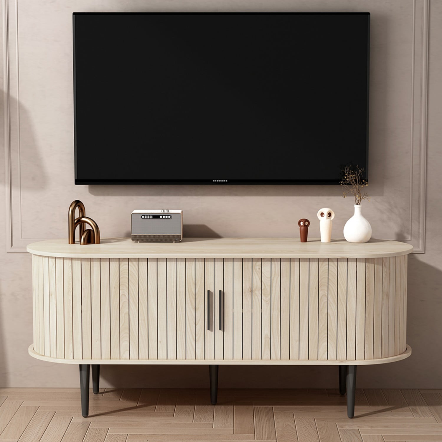 47" Modern TV Stand with Sliding Door Storage Cabinet, Mid Century Media Console Table for Living Room, Bedroom, Office, Natural