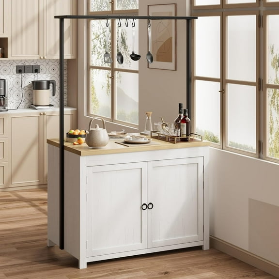 47" Multi-Functional Coffee Bar Cabinet with Doors, Shelf & Hooks for Kitchen, Dining & Living Room