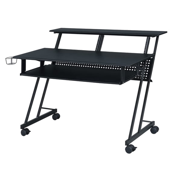 47" Music Recording Studio Desk with 61-Key Sliding Keyboard Tray, Black Metal Frame Computer Desk with Monitor Shelf and Caster Wheels