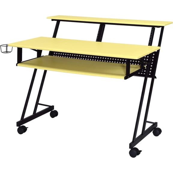 47" Music Recording Studio Desk with 61-Key Sliding Keyboard Tray, White/Black Computer Workstation with Monitor Shelf and Caster Wheels