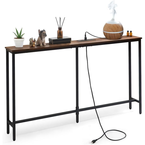 47” Narrow Long Console Table w/ 2 Outlets, USB & Type-C Ports for Entryway, Classic Design Skinny Tableau for Living Room, Plant Décor Entrance Mesa for Hallway, Rustic Oak