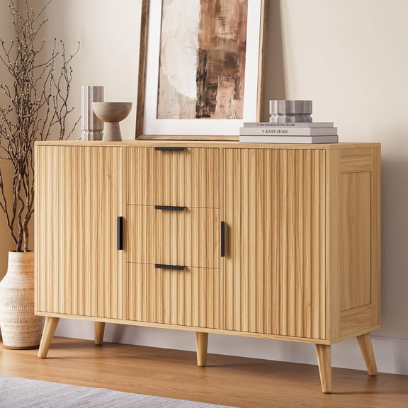 47" Natural Sideboard Buffet Cabinet with 3 Drawers, Fluted Modern Buffet Cabinet with Storage, 2 Doors Sideboard Cabinets Accent Credenza for Dining Room, Living Room, Entryway