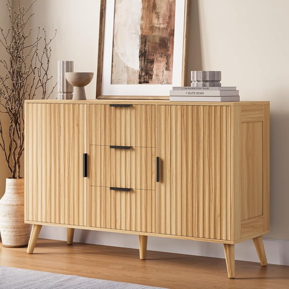 47" Natural Sideboard Buffet Cabinet with 3 Drawers, Fluted Modern Buffet Cabinet with Storage, 2 Doors Sideboard Cabinets Accent Credenza for Dining Room, Living Room, Entryway