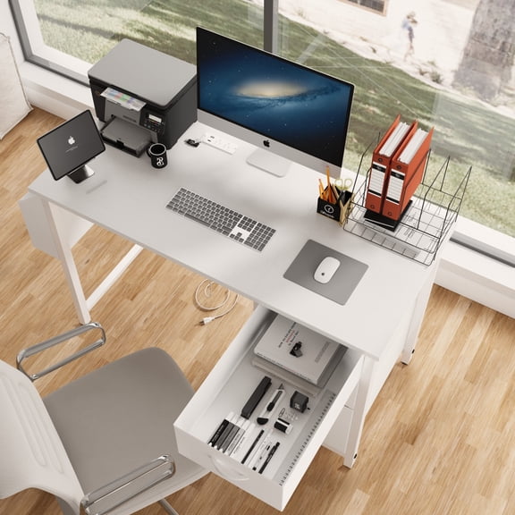 47" Office Desk with Power Outlet, 3 Drawers, Side Pocket, & Reversible Design