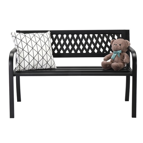 47'' Outdoor Bench, Weather Resistant Garden Patio Bench Powder Coated Iron Frame w/PVC Mesh Backrest Slatted Seat, 2-Person Outdoor Furniture for Front Porch Entryway Park (Black)