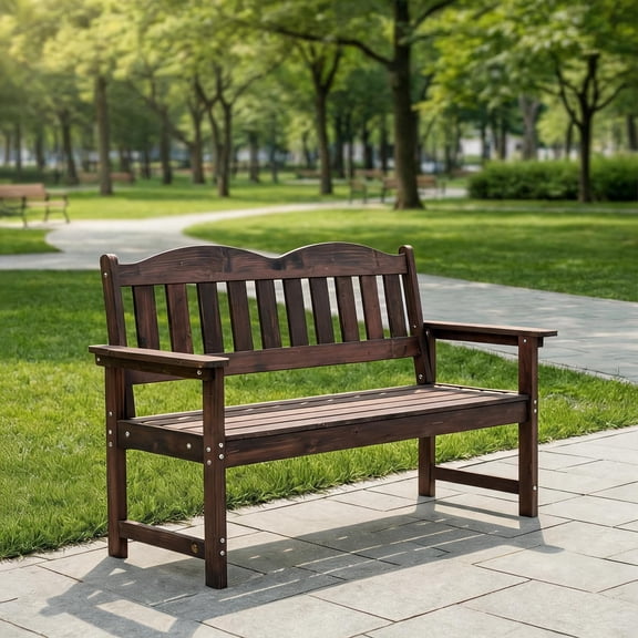 47" Outdoor Garden Bench with 800 lb Heavy-Duty Capacity, Slatted Wood-Grain Poly Lumber Seat, Ergonomic Backrest, Wide Armrests – All-Weather Design for Patio, Porch, and Yard