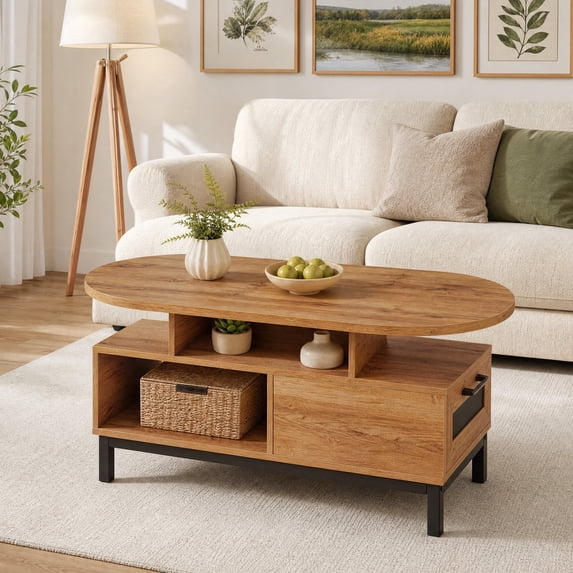 47" Oval Coffee Table with Drawer & Open Compartments, Center Table Cocktail Tea Table for Living Room,Natural