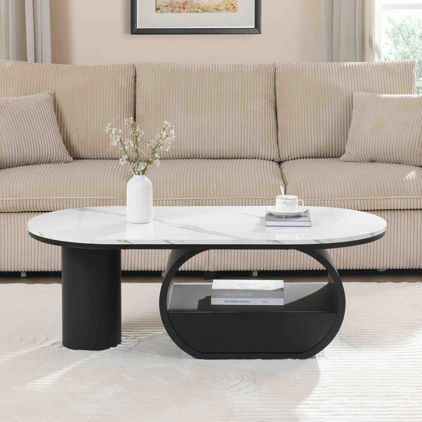 47" Oval Coffee Table with Storage Drawer, Modern Luxury Center Table ...