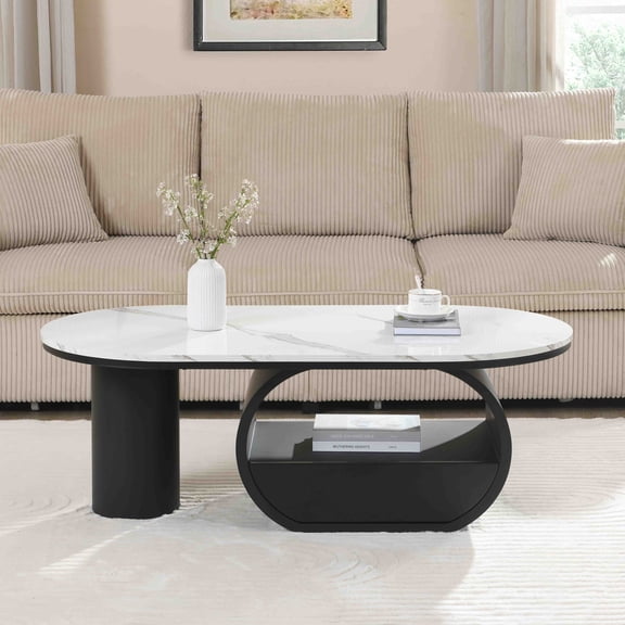 47" Oval Coffee Table with Storage Drawer, Modern Luxury Center Table with Curved Profile Design and Storage Shelf for Living Room, Black White