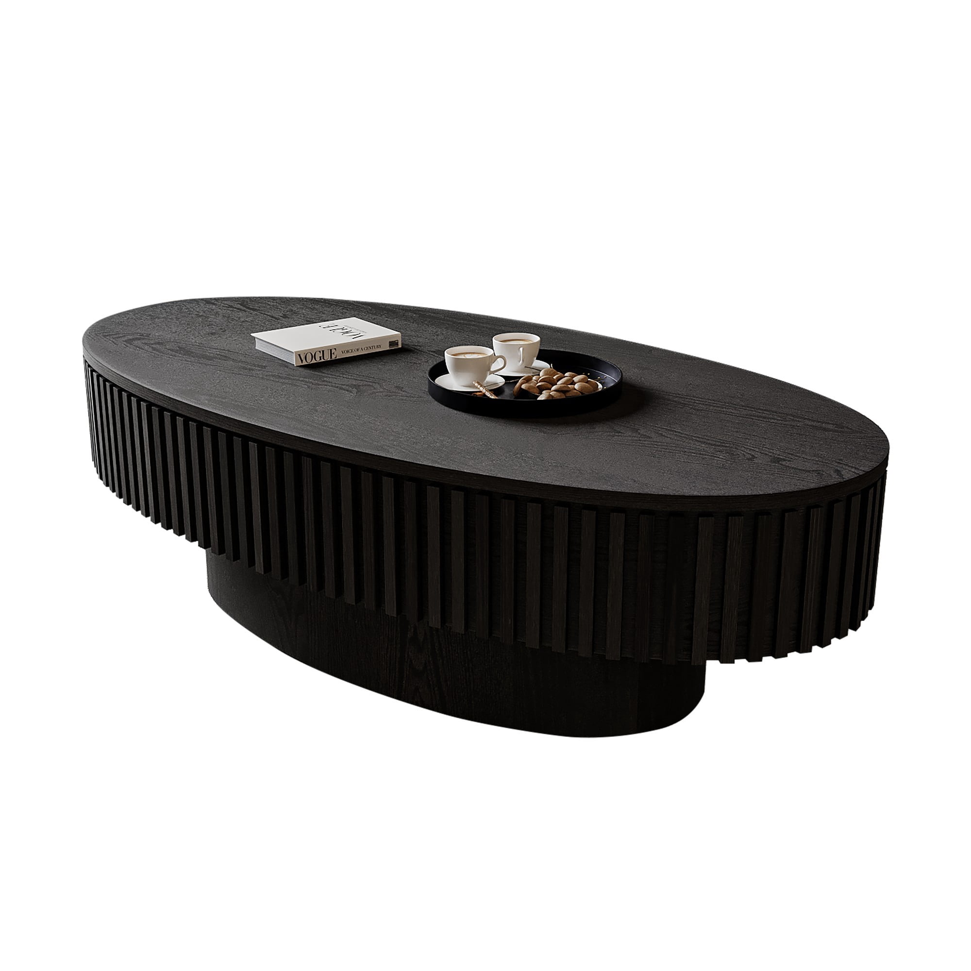 47" Oval Coffee Table with Storage, Fluted Modern Coffee Table with Hidden Storage, Wood Veneer Center Table for Living Room, Black