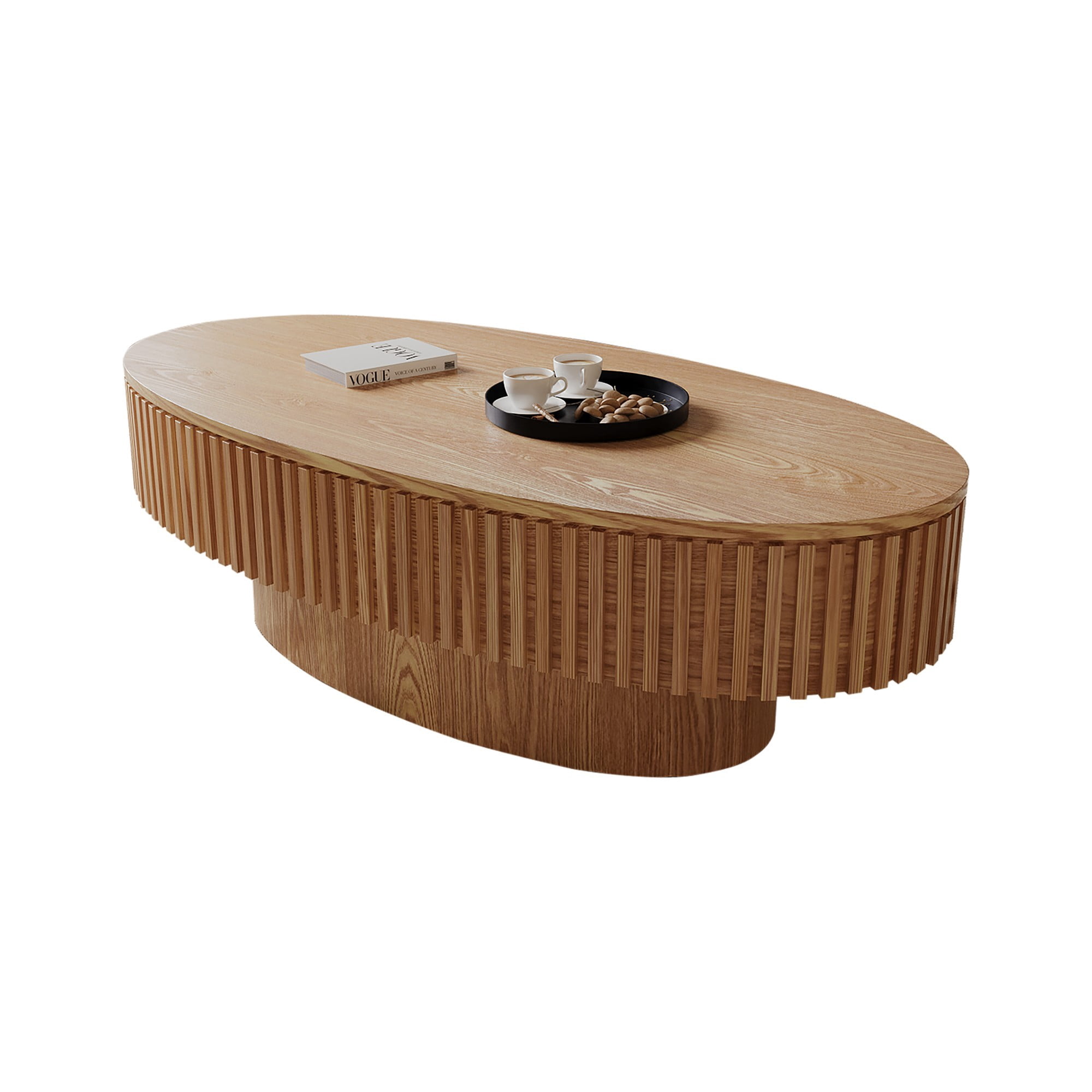 47" Oval Coffee Table with Storage, Fluted Modern Coffee Table with Hidden Storage, Wood Veneer Center Table for Living Room, Natural