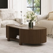 47 Oval Coffee Table with Storage, Mid Century Modern Center Table with 2 Doors, Wood Fluted Tea Table with Open Shelf for Living Room, Walnut