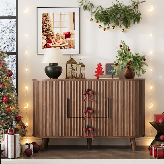 Opohoro 47" Oval Fluted Sideboard Buffet Cabinet with Drawers and Sliding Doors, Mid-Century Modern Accent Storage for Dining Room, Living Room, Walnut