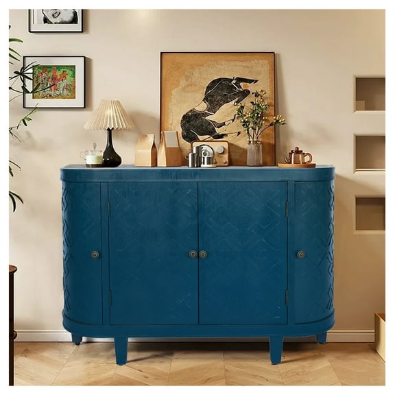 47''Oval Storage Cabinet with 4 Doors,Buffet Sideboard Cabinet with Storage, Fluted Accent Storage Cabinet with Curvy Edge, Sliding Door, Freestanding Credenza, Console Table for Living Room, Kitchen