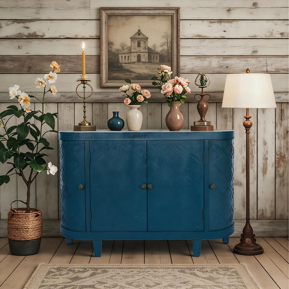 47" Oval Storage Cabinet with 4 Sliding Doors, Fluted Panel Freestanding Buffet Sideboard, Curvy Edge Console Table Credenza for Living Room Kitchen