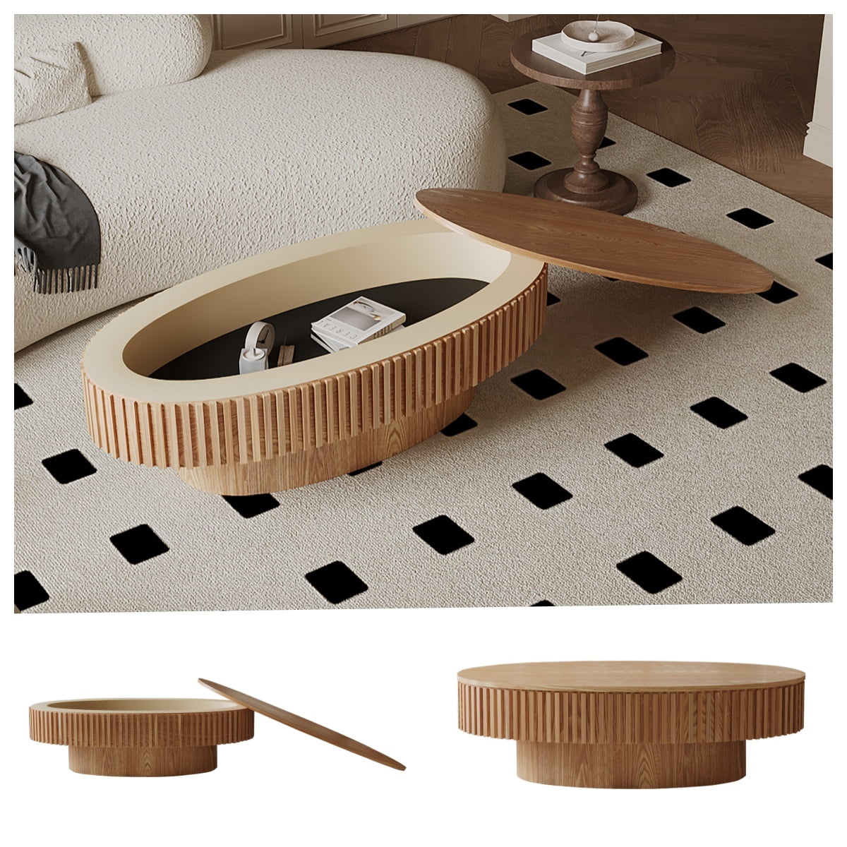 47" Oval Wooden Coffee Table with Storage, Fluted Drum Coffee Table with Lid, Luxury Solid Wood Center Cocktail Tea Table, Modern Oval Coffee Tables for Living Room Office