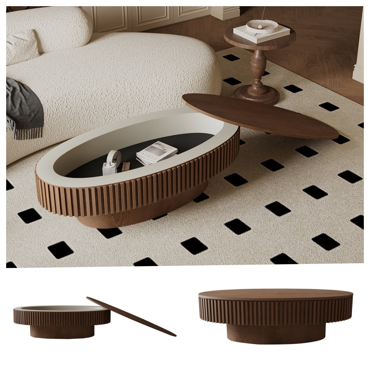 47" Oval Wooden Coffee Table with Storage, Fluted Drum Coffee Table with Lid, Luxury Solid Wood Center Cocktail Tea Table, Modern Oval Coffee Tables for Living Room Office