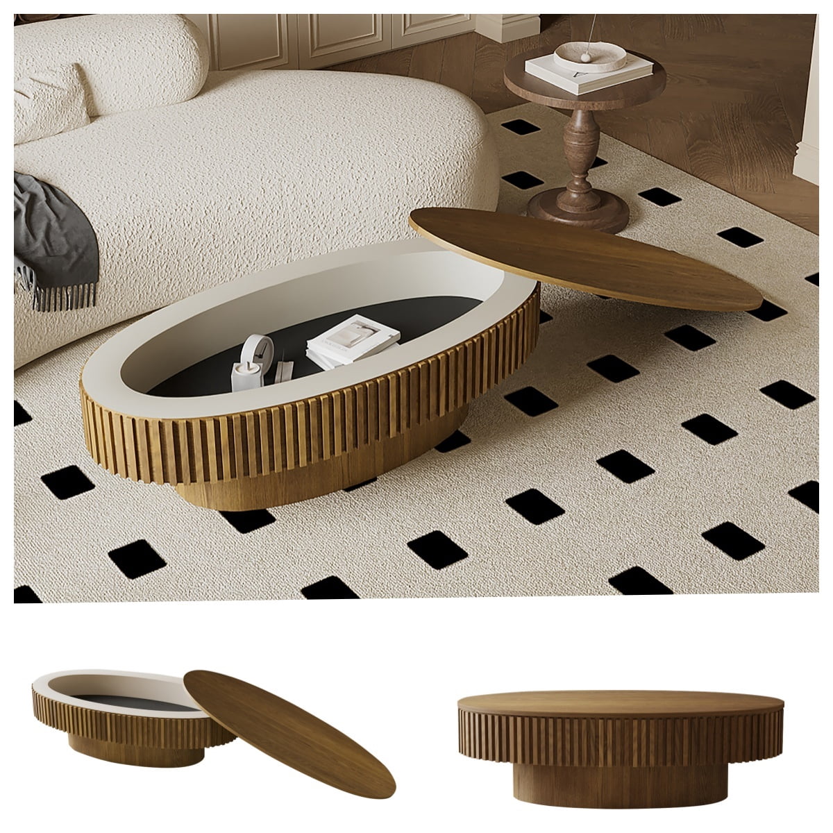 47" Oval Wooden Coffee Table with Storage, Fluted Drum Coffee Table with Lid, Luxury Solid Wood Center Cocktail Tea Table, Modern Oval Coffee Tables for Living Room Office