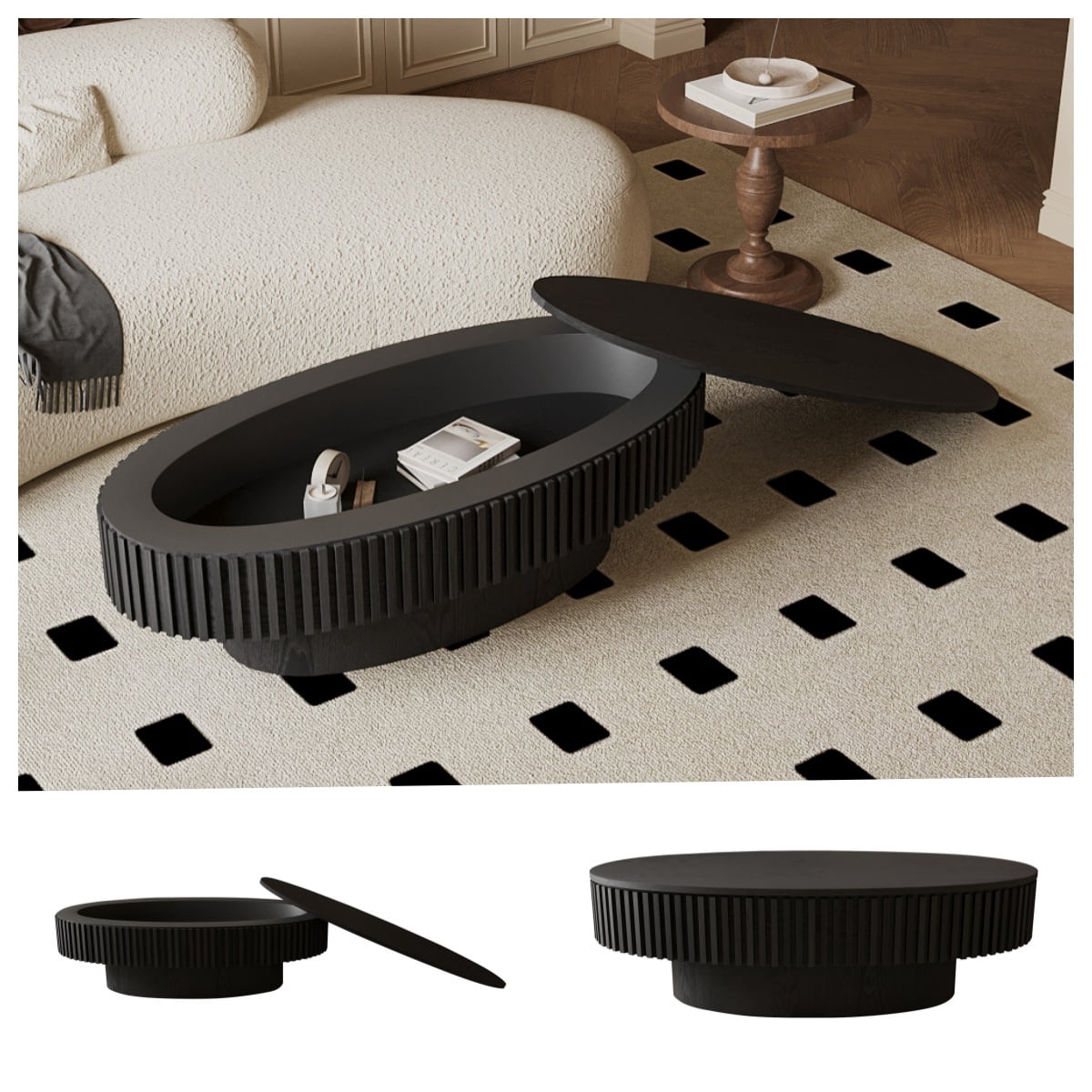 47" Oval Wooden Coffee Table with Storage, Fluted Drum Coffee Table with Lid, Luxury Solid Wood Center Cocktail Tea Table, Modern Oval Coffee Tables for Living Room Office