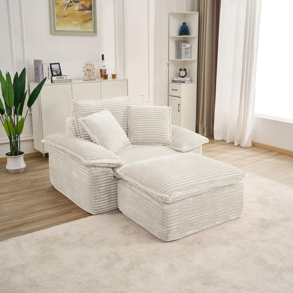 47" Oversized Chaise Lounge Chair Indoor, Holaki Fluffy Corduroy Upholstered Springs Sofa Bed with Ottoman & Pillows, Modern Comfy Cloud Sofas Couches for Living Room, Bedroom, Beige