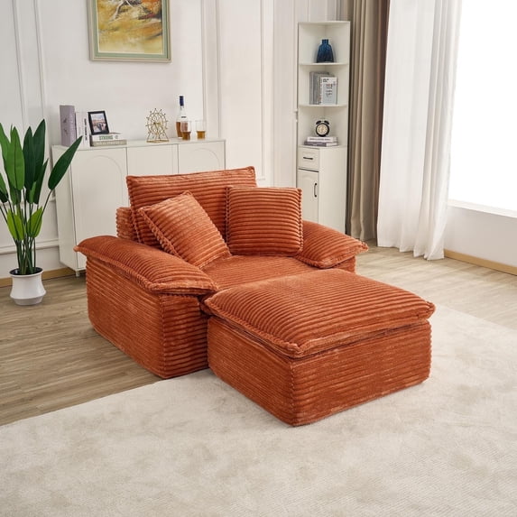 47" Oversized Chaise Lounge Chair Indoor, Holaki Fluffy Corduroy Upholstered Springs Sofa Bed with Ottoman & Pillows, Modern Comfy Cloud Sofas Couches for Living Room, Bedroom, Orange