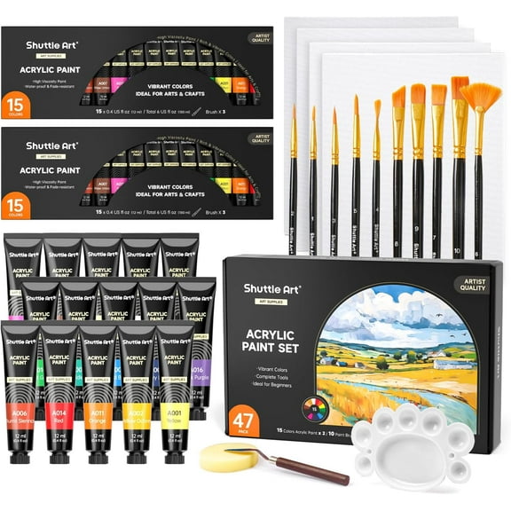 47 Pack Acrylic Paint Set, Shuttle Art 15 Colors (12ml Each, 2Pack) Acrylic Paint with 10 Brushes Painting Canvas Knife Palette Sponge, Complete Gift Set for Kids, Adults Painting Canvas