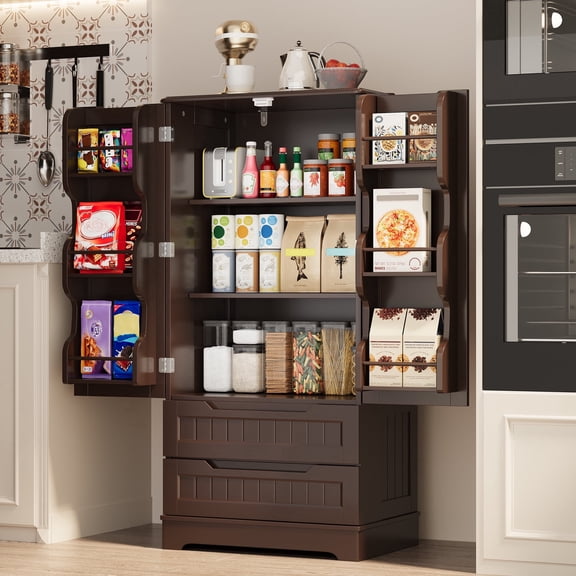 47'' Pantry Storage Cabinets with Doors and Shelves, Noelse Kitchen Pantry with 2 Drawers for Kitchen Dining Room and Living Room, Dark Brown